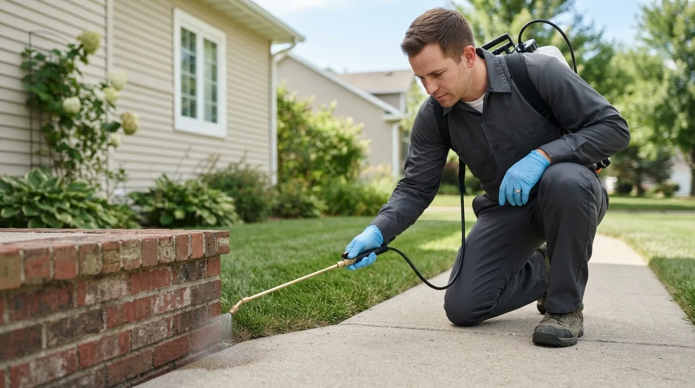 Pest control technician treating a home near Waukegan, IL